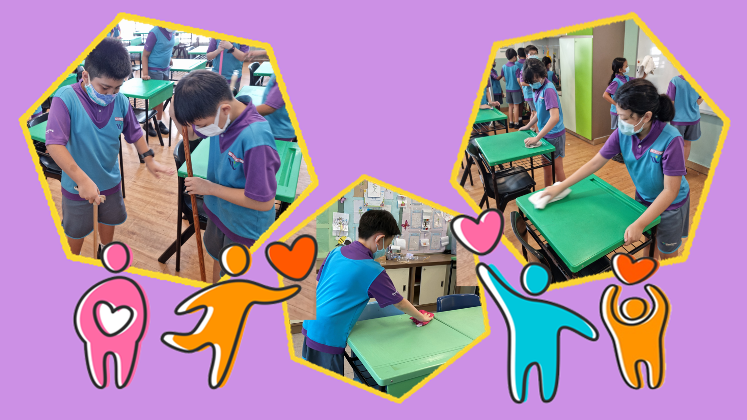 Students in blue and purple school uniforms wearing masks sweep floors and wipe green desks in a classroom.